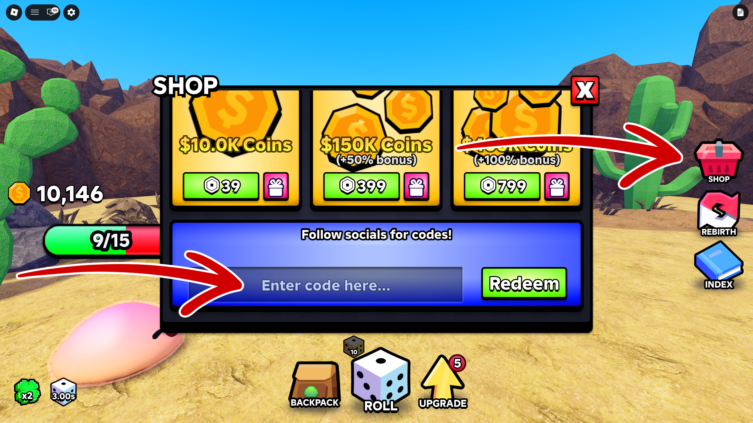 Slime RNG redeem guide showing the Shop button, code input box, and Redeem button